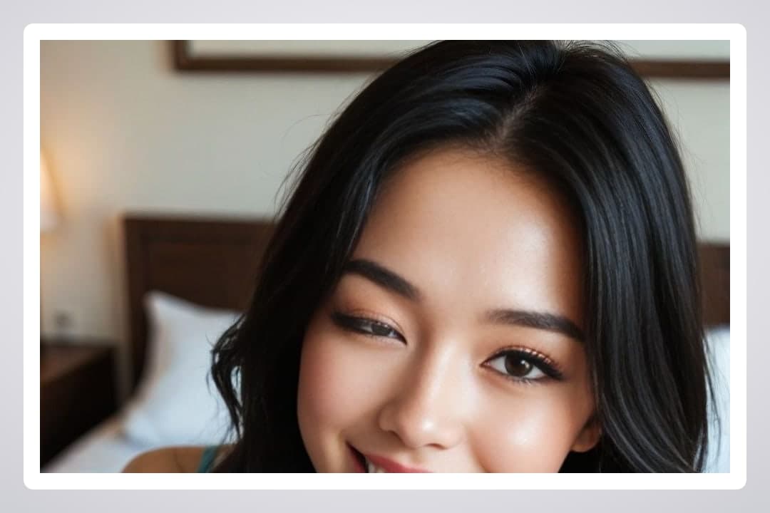 Young Asian selfie in bed