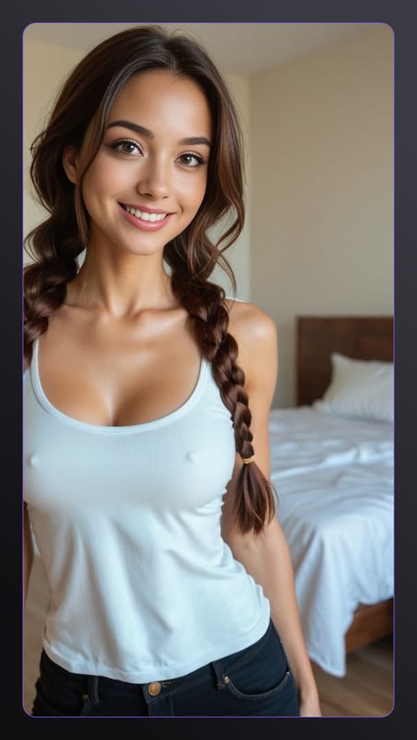 Young adult braids bedroom smile