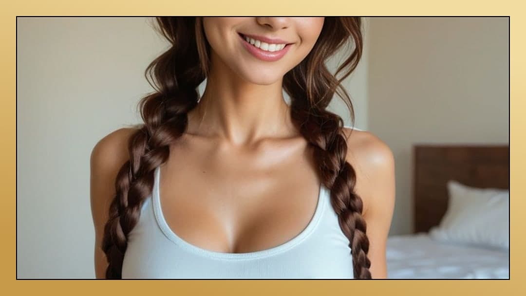 White tank cleavage bedroom close up