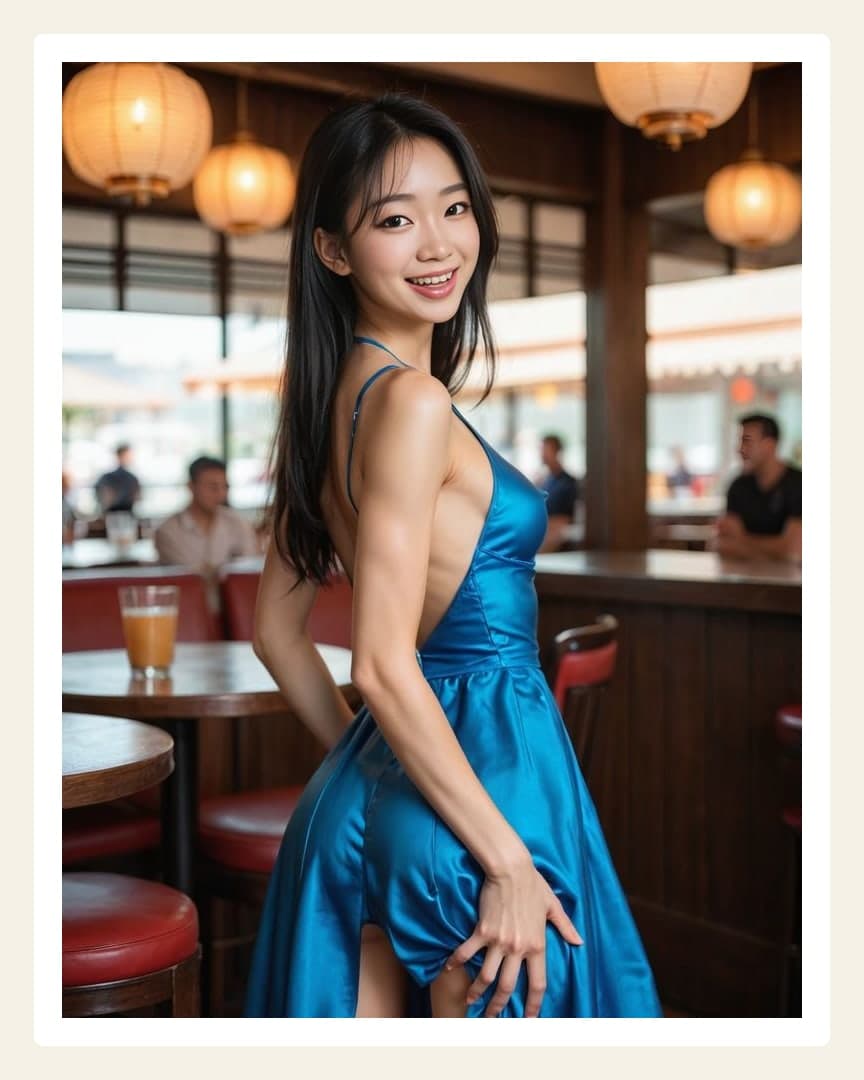 Backless blue dress restaurant pose