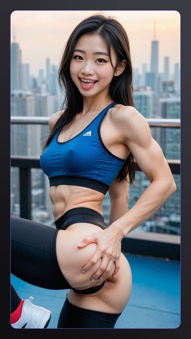 Athletic Asian rooftop pose at sunset