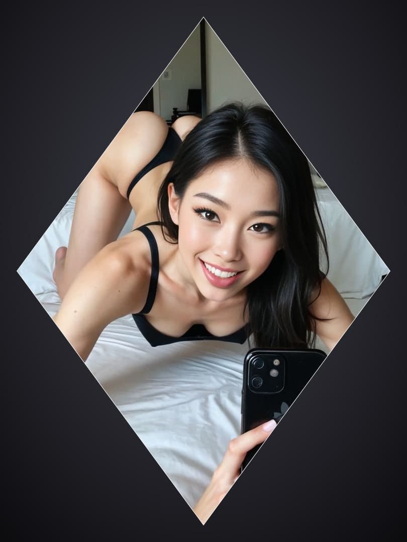 Young Asian selfie on white bed