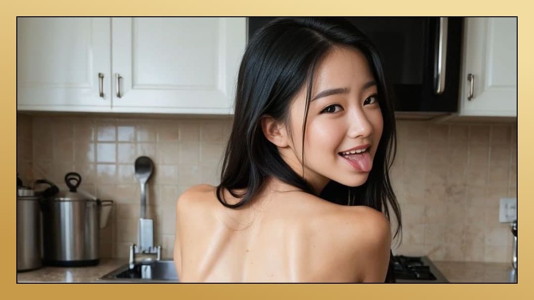 Topless Asian in bright kitchen