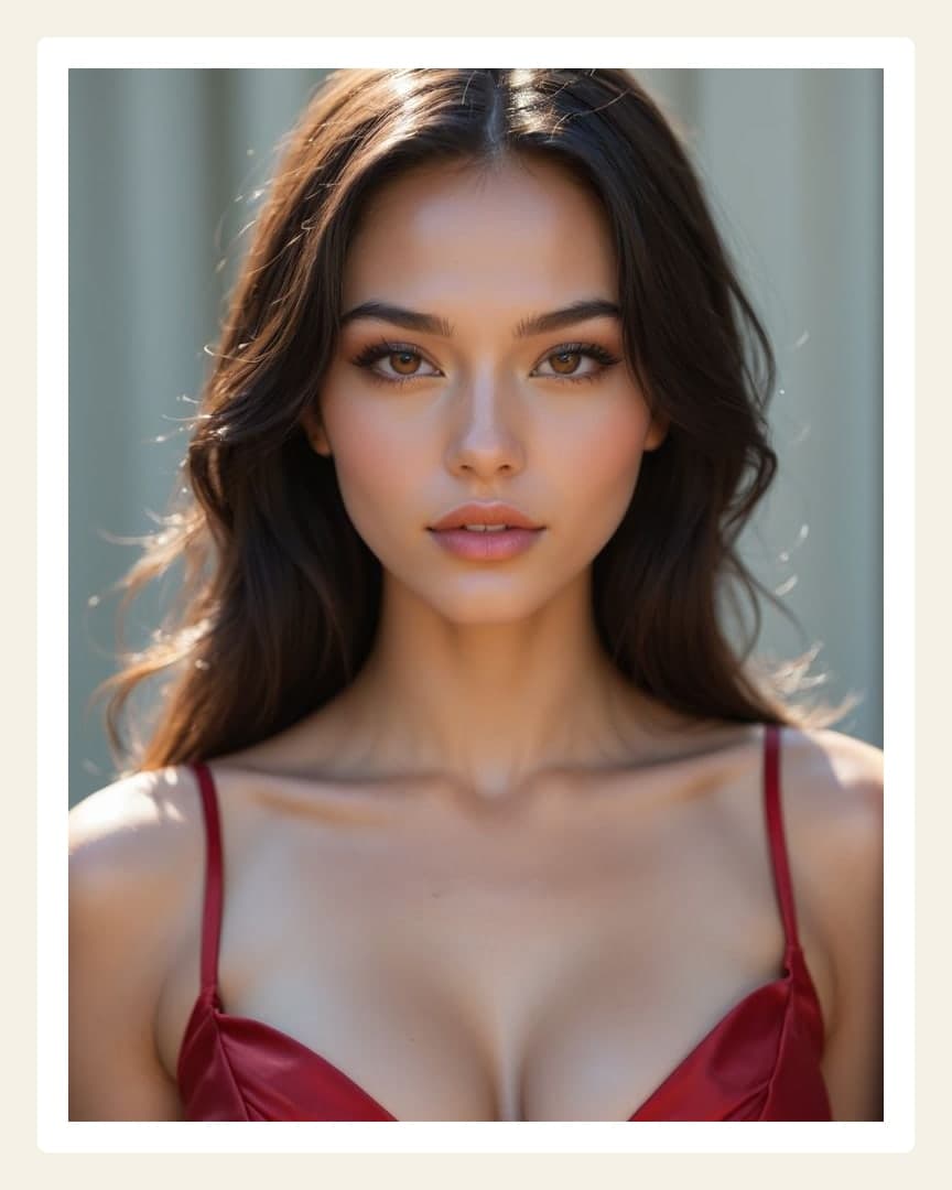 Deep cleavage red satin close-up