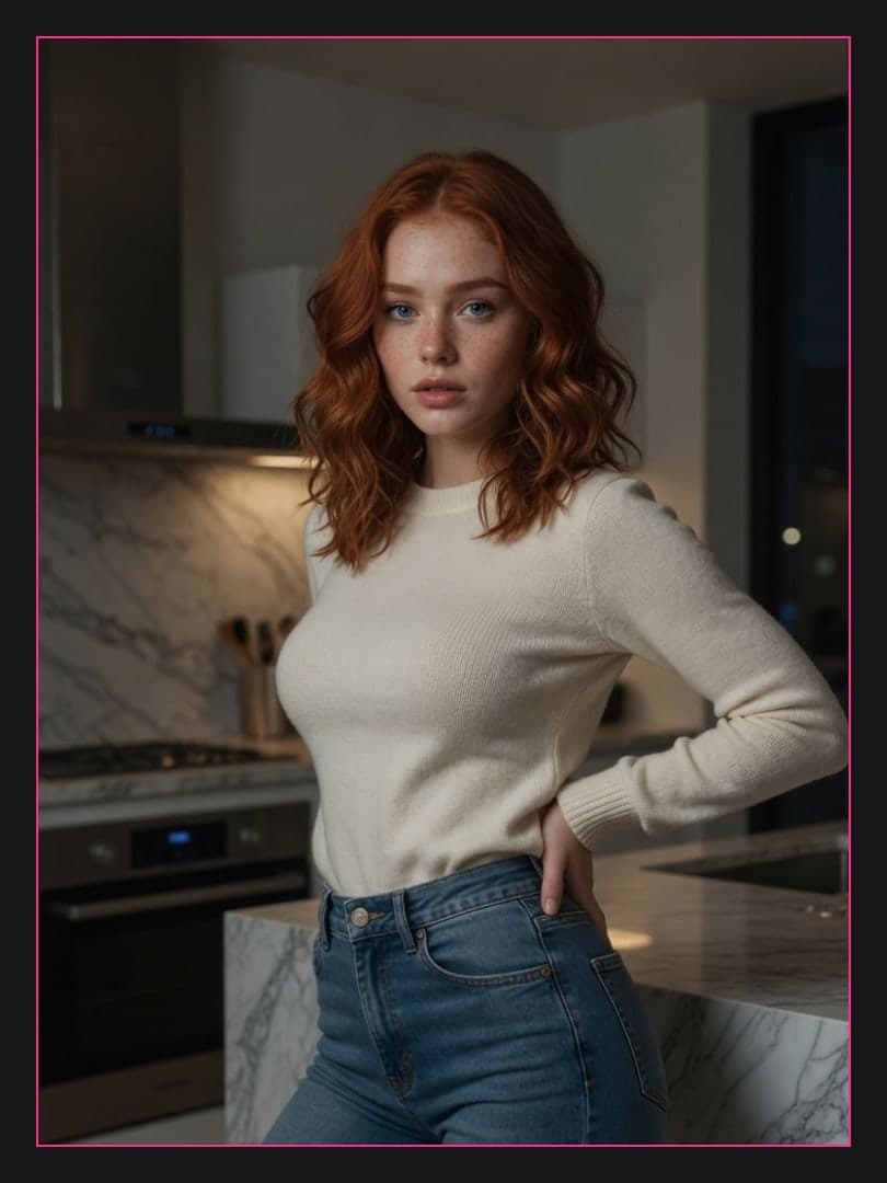 Redhead full body kitchen pose