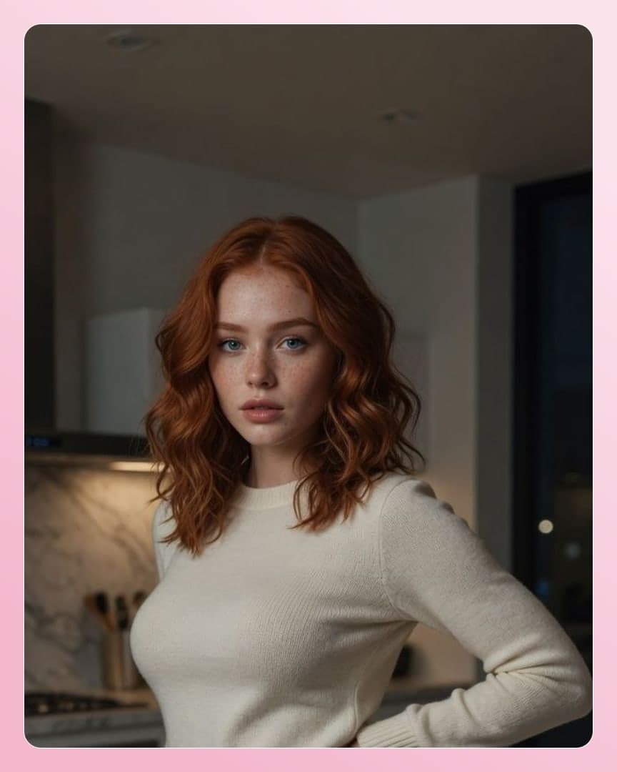 Redhead in kitchen sweater pose