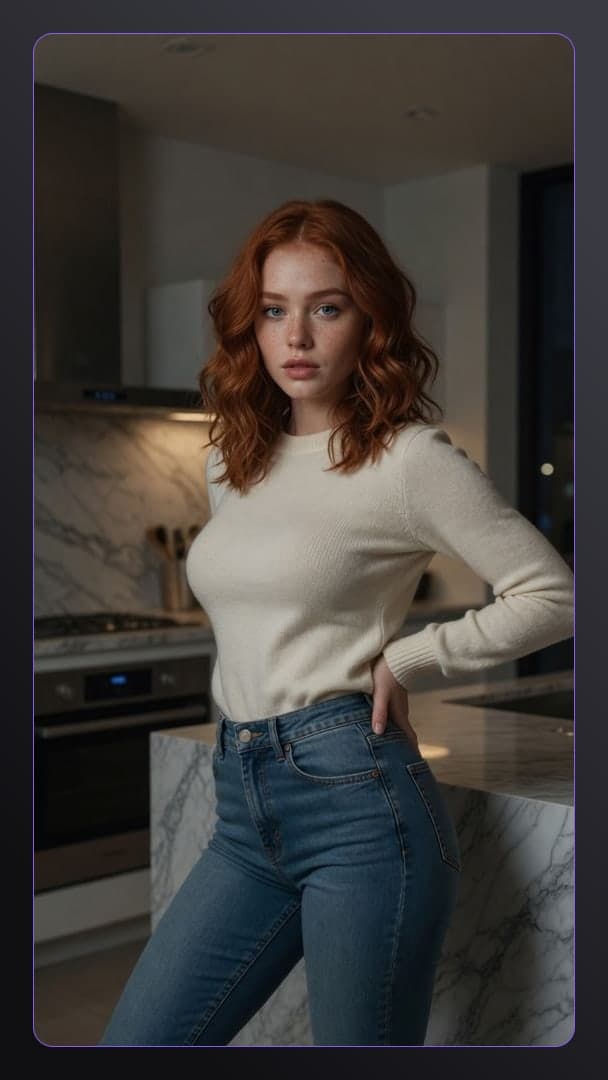 Slim redhead curves in cream sweater