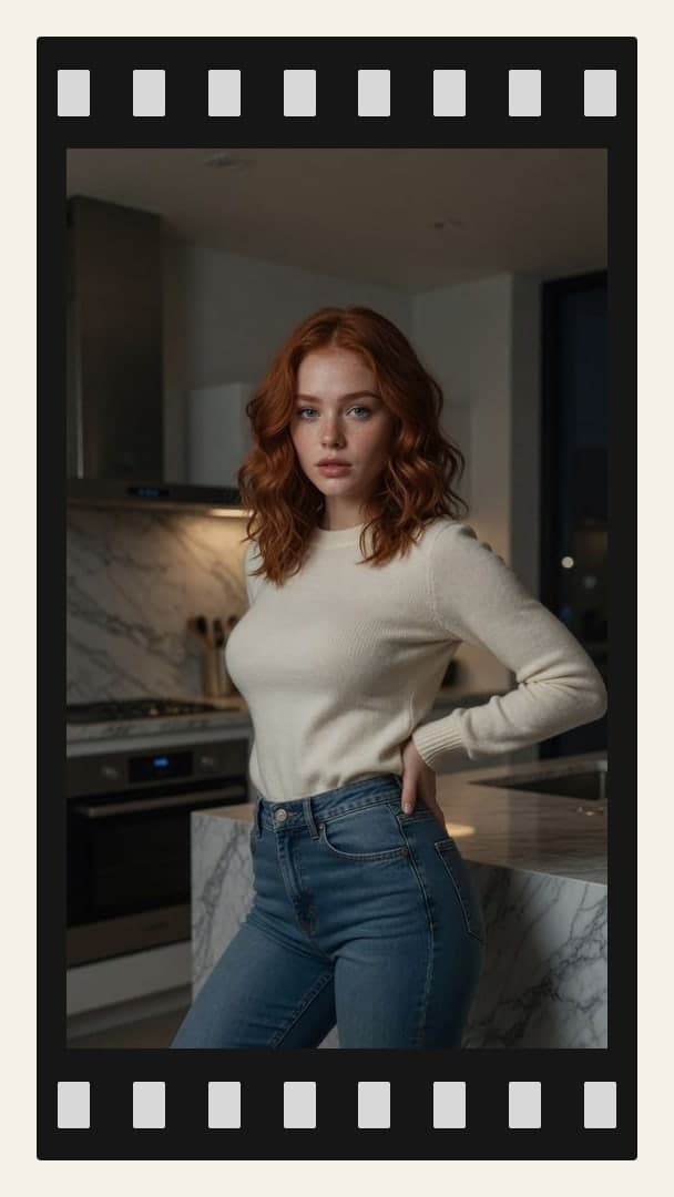 Redhead kitchen hips pose