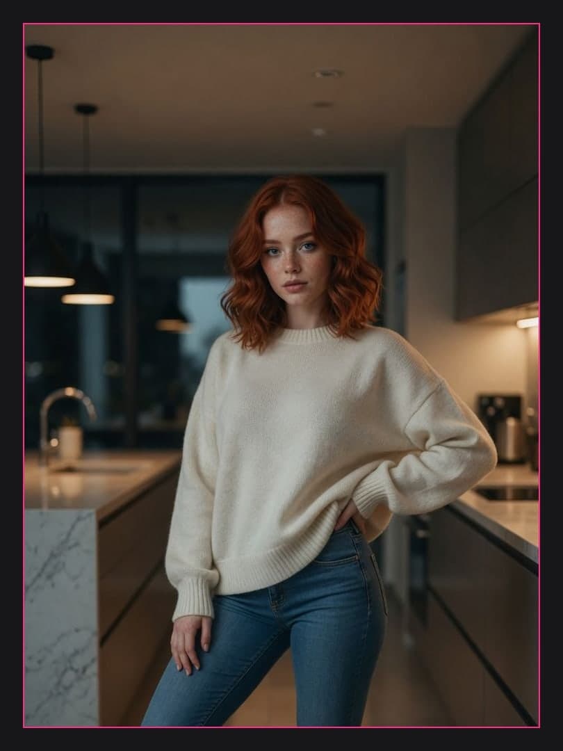 College redhead full body kitchen pose