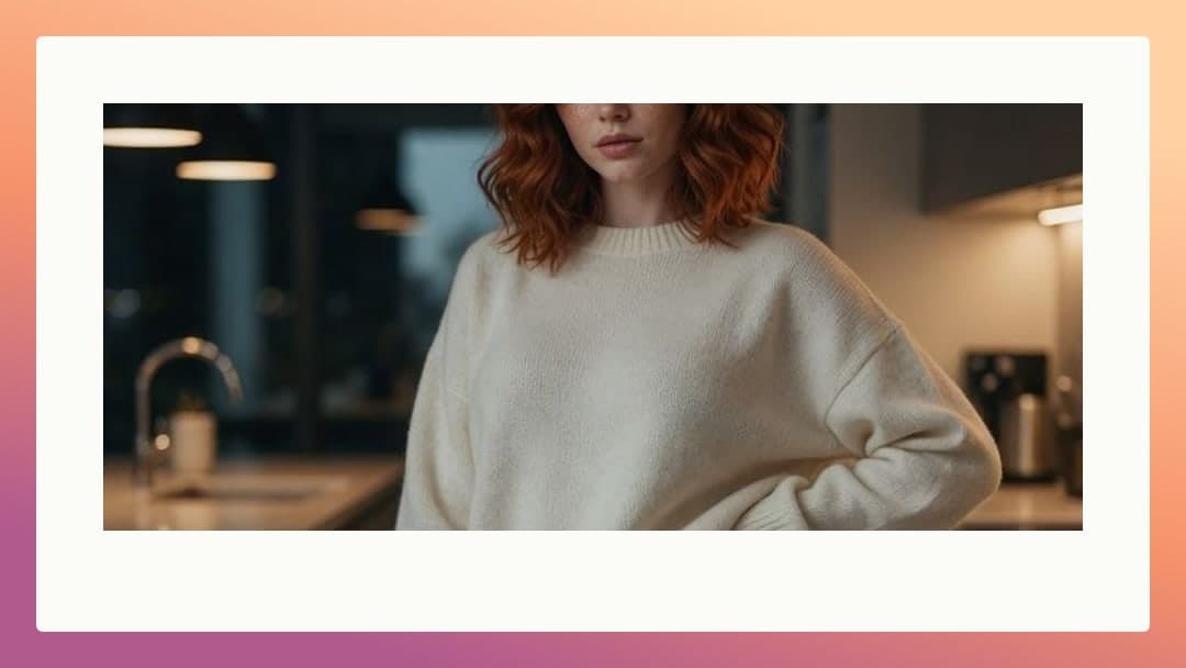 Slim redhead curves in kitchen sweater
