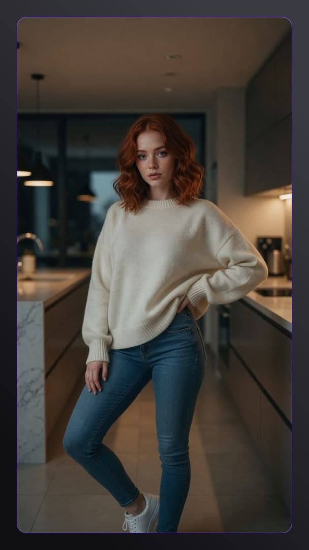 Slim redhead kitchen jeans pose