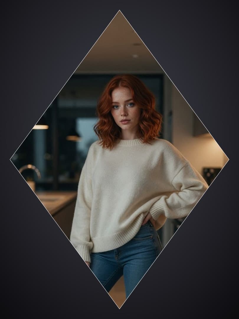 Redhead full body kitchen portrait