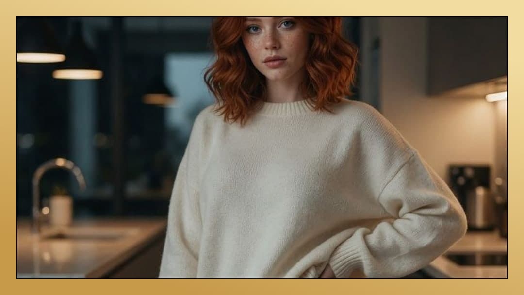 Redhead in oversized sweater kitchen