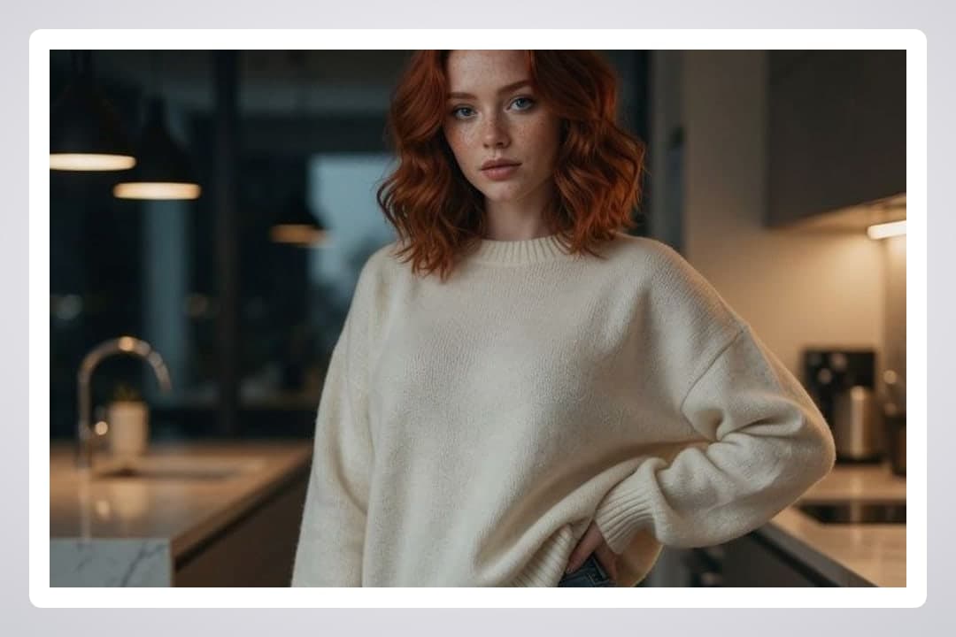 Redhead wavy hair kitchen portrait