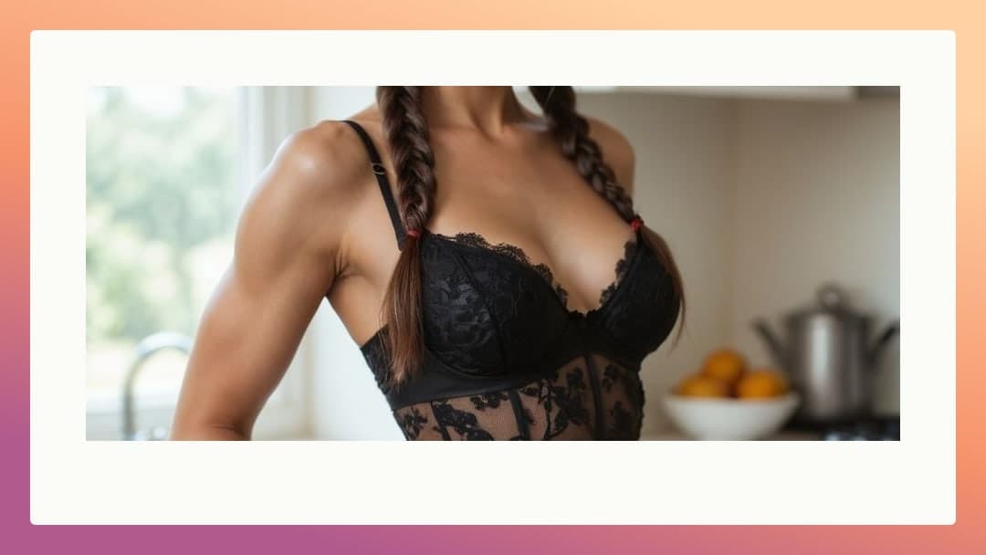 Low angle kitchen lace bodysuit