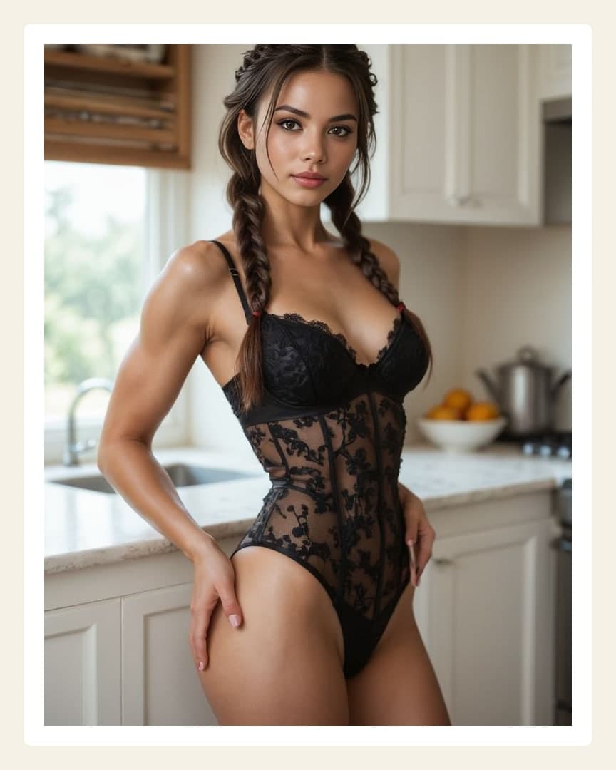 Sheer lace bodysuit kitchen pose