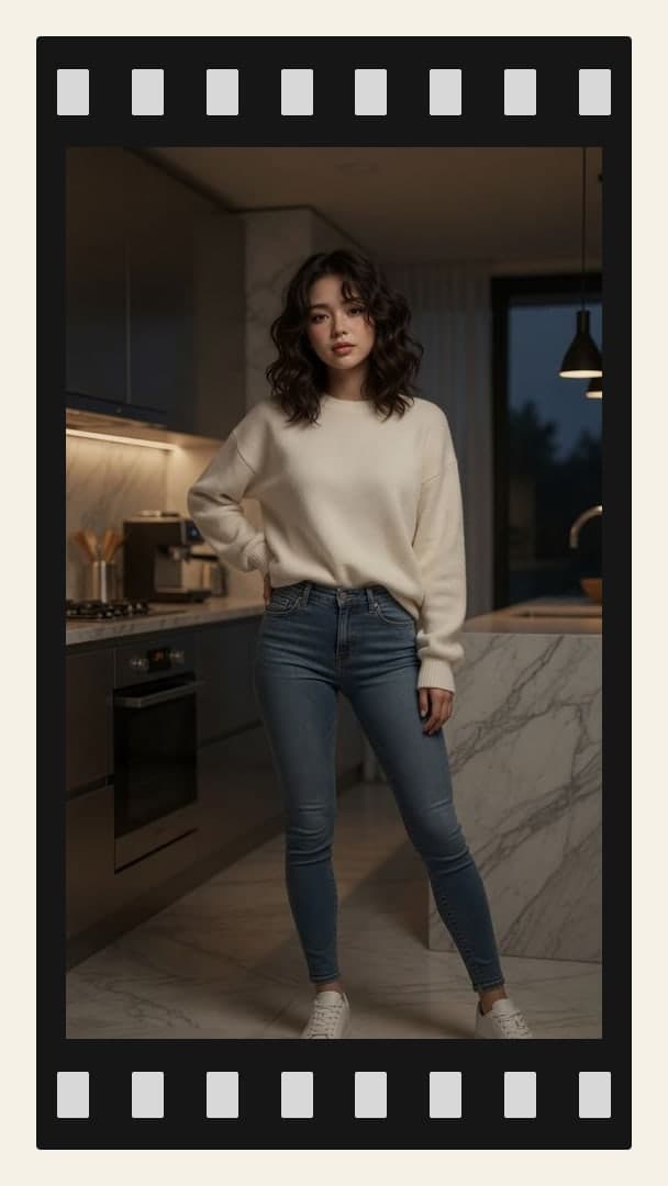 College age Asian in kitchen pose