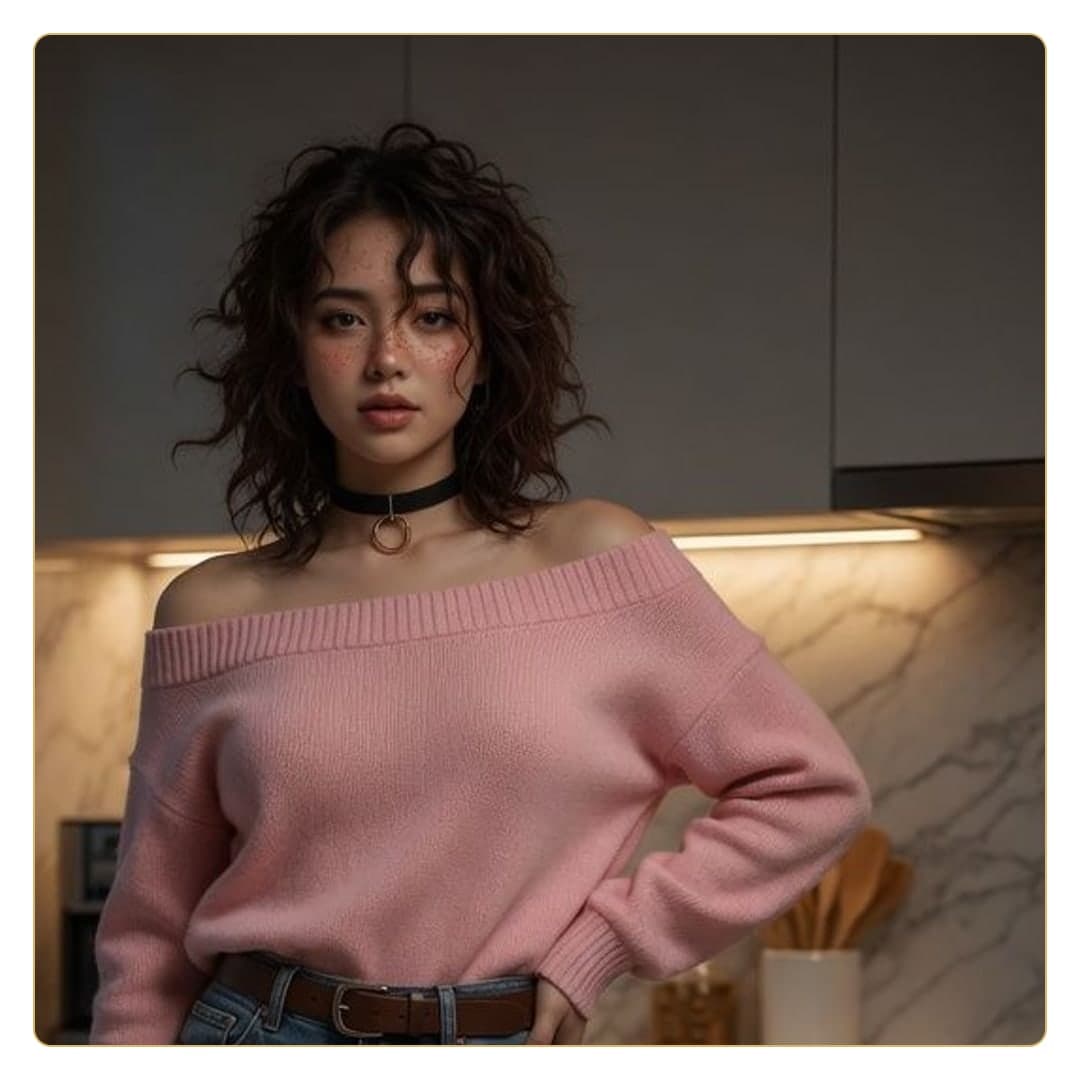 Kitchen off-shoulder sweater close-up