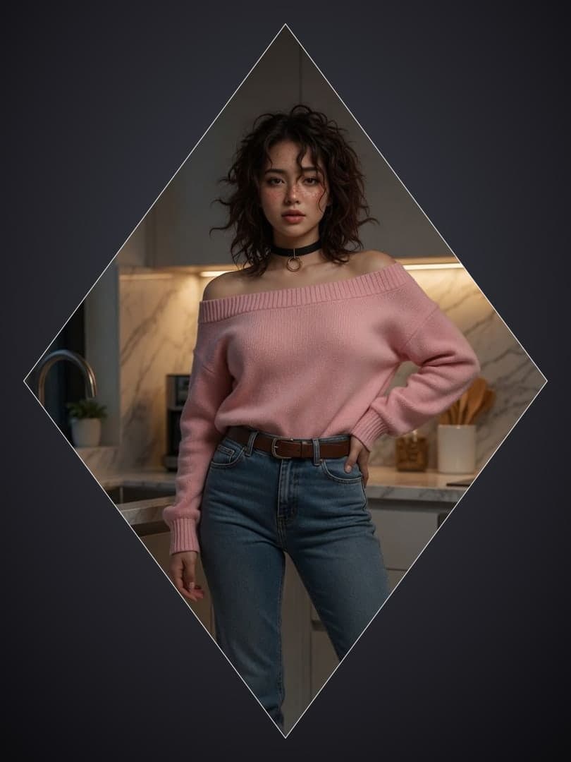 Full body pink sweater kitchen pose