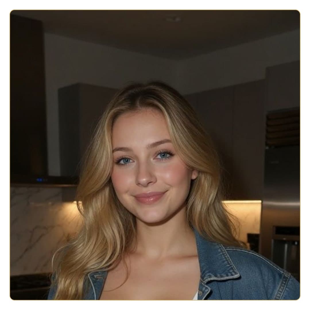 Blonde kitchen selfie in denim