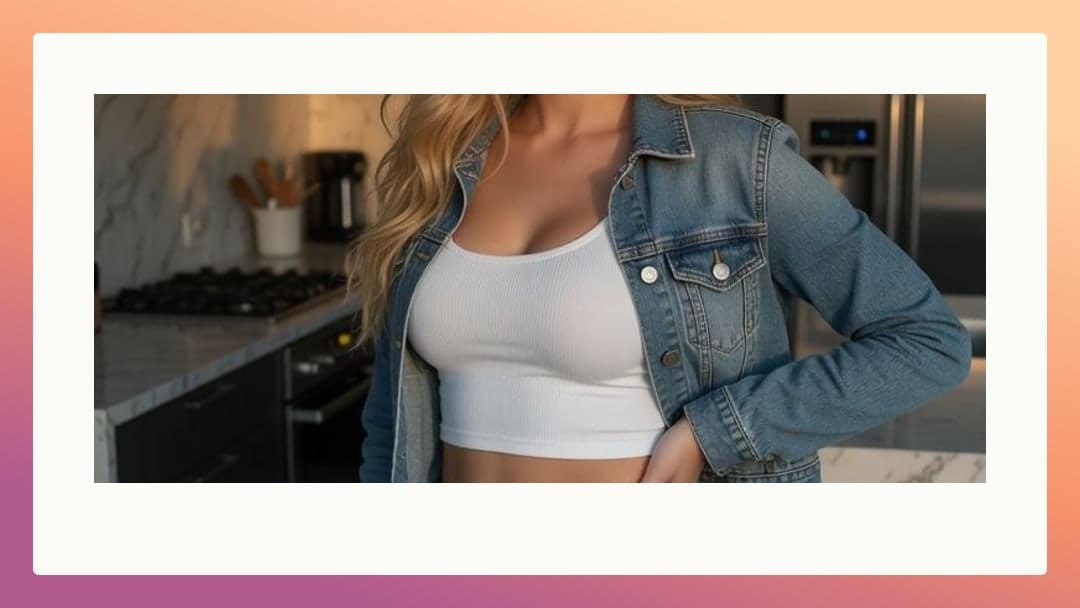 Blonde in open denim jacket kitchen