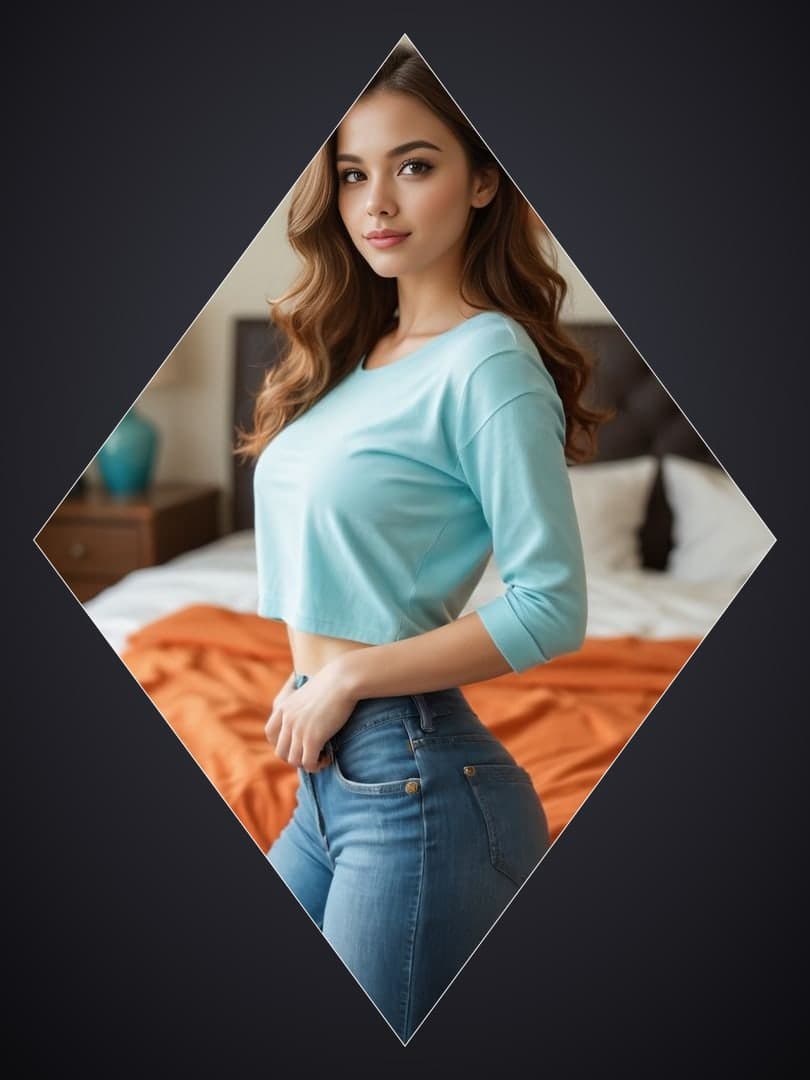 Long wavy brunette bedroom portrait