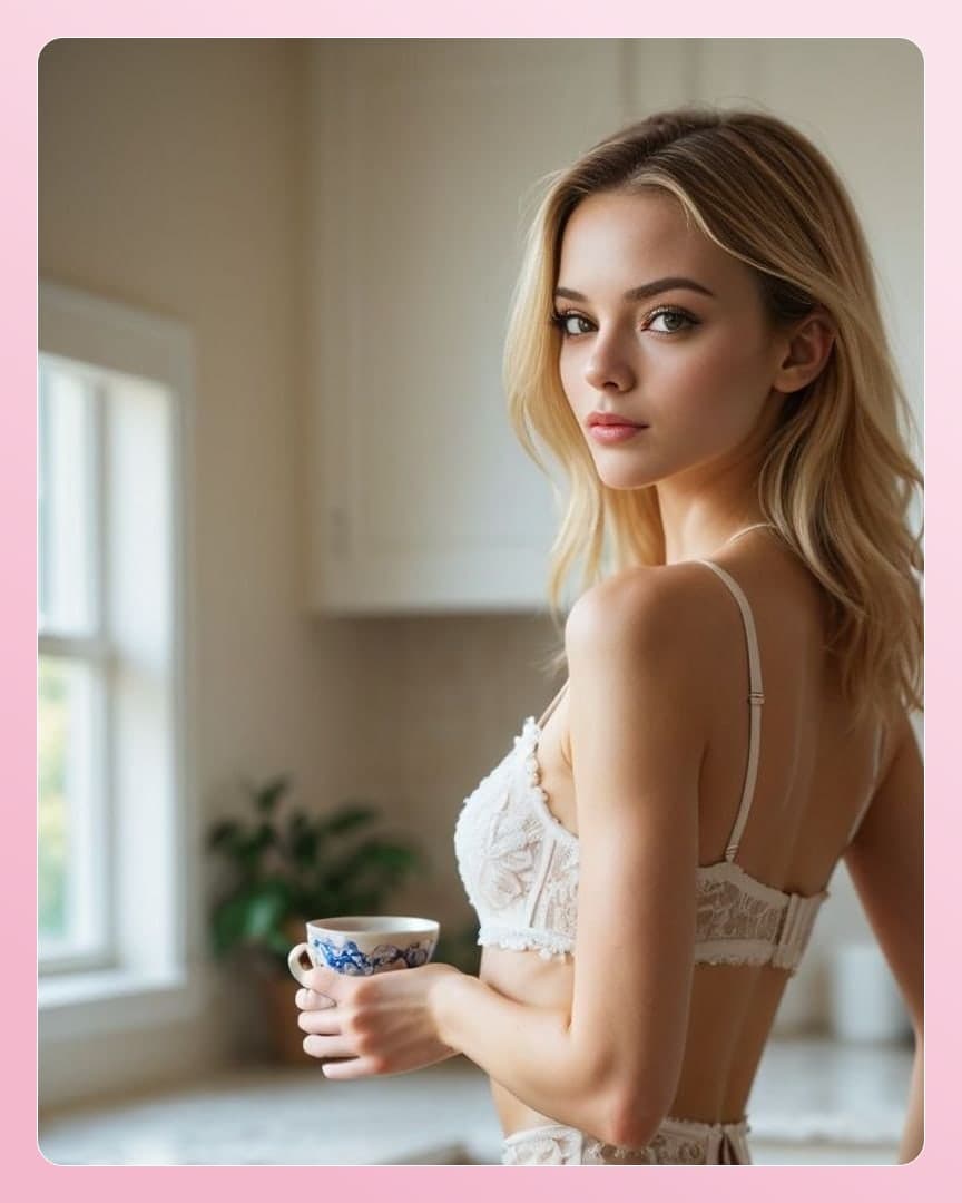 Long blonde hair kitchen look back