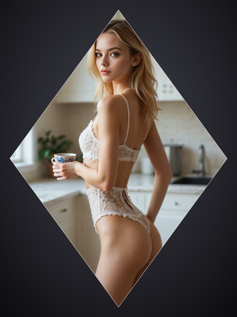 Blonde in sheer lace kitchen