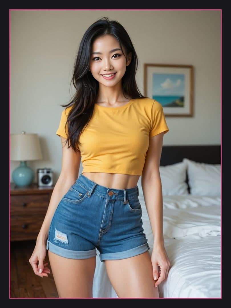 Long black hair bedroom portrait