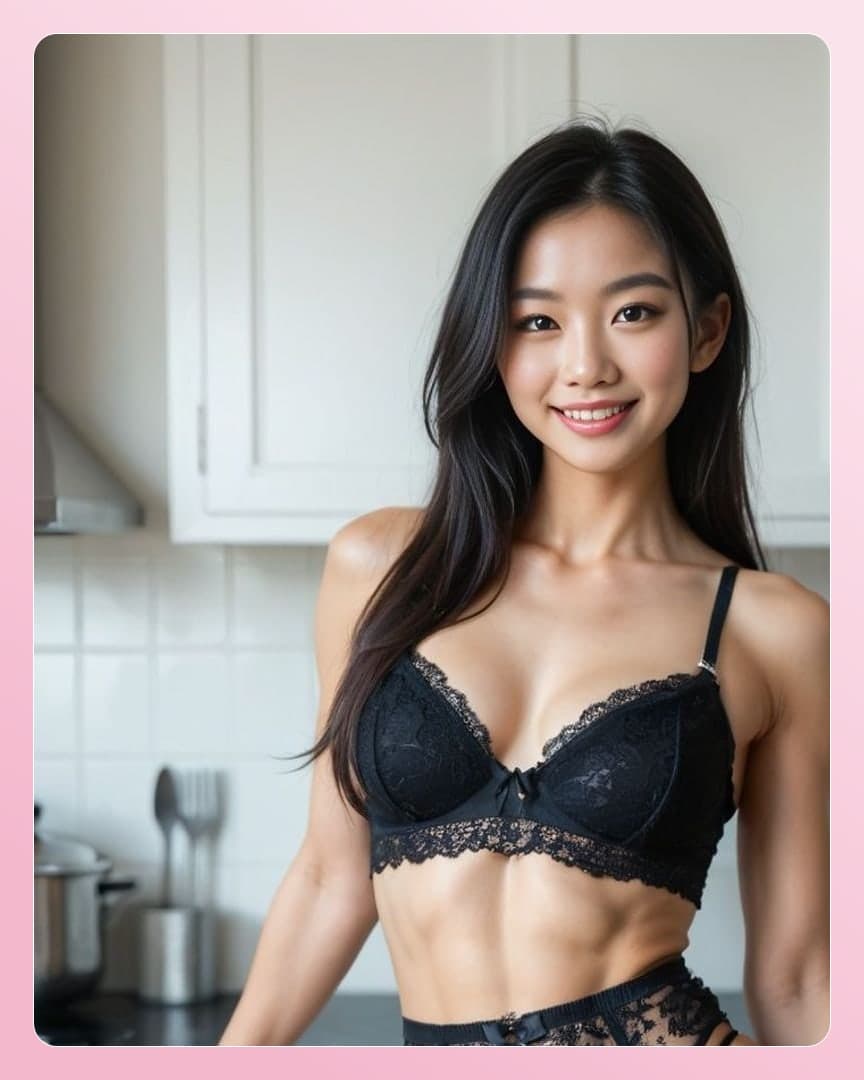 Curvy Asian in black lace bra