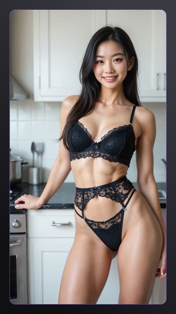 Asian in lace lingerie kitchen pose
