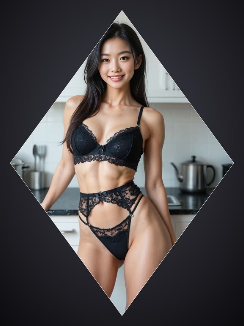 Asian model in kitchen lingerie