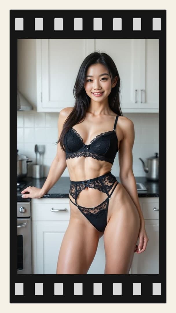 Raven hair Asian in lace kitchen