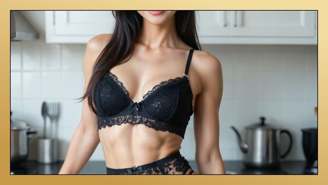 Curvy Asian in black lace kitchen
