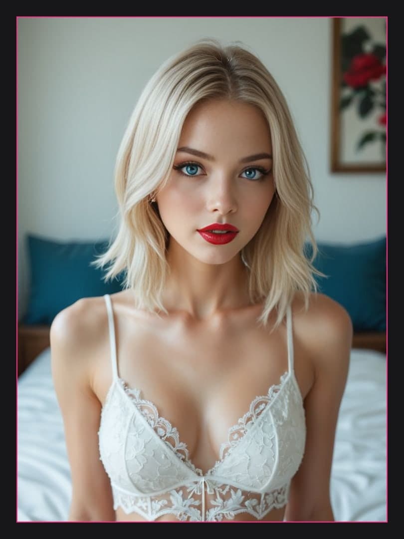Platinum blonde selfie in lace bra