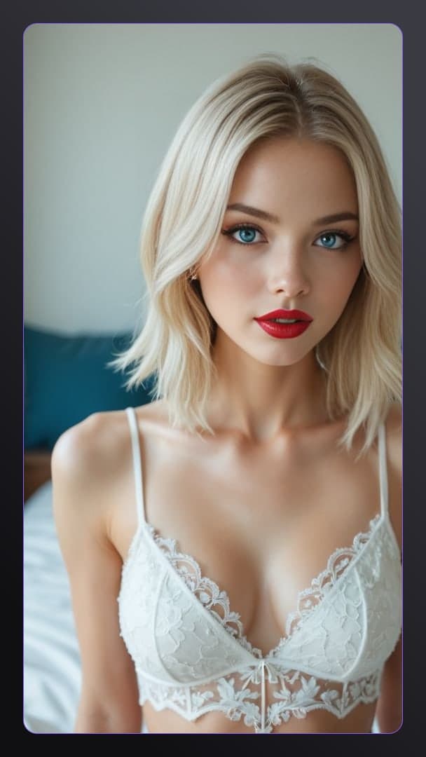 Blonde cleavage in white lace bra
