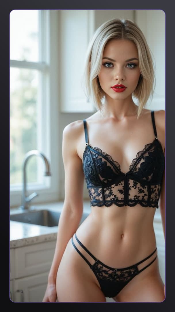 Blonde in sheer lingerie kitchen