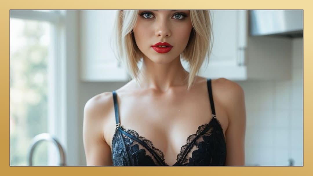 Platinum blonde kitchen bra close-up