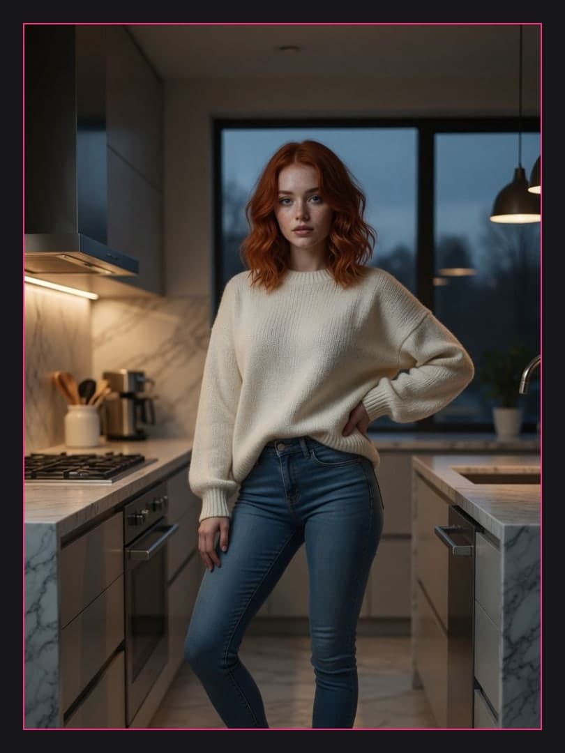 Redhead in cream sweater kitchen pose
