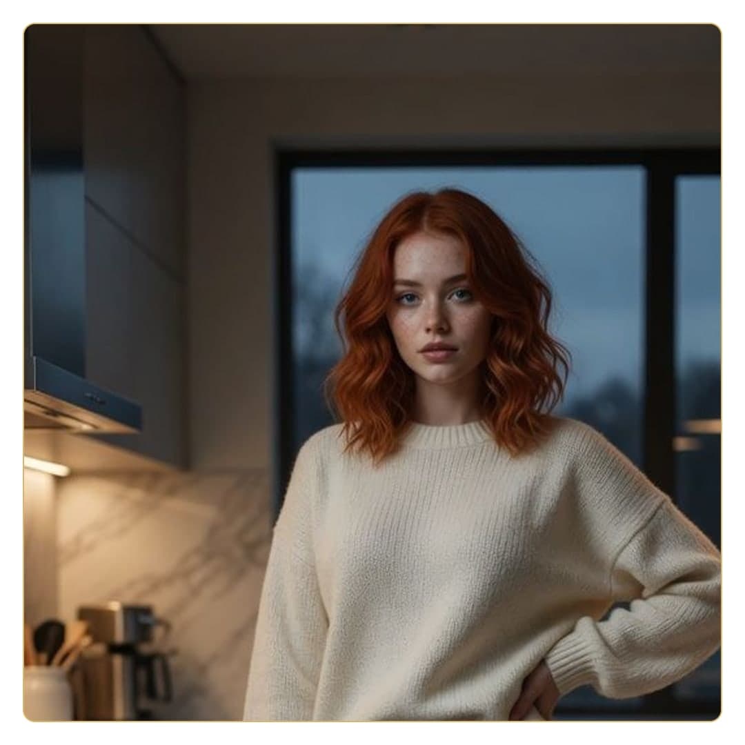 Redhead in kitchen sweater portrait