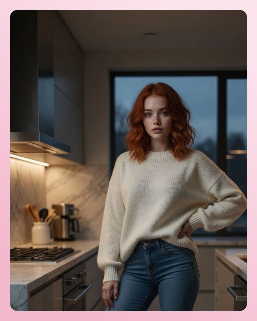 Young adult redhead kitchen pose