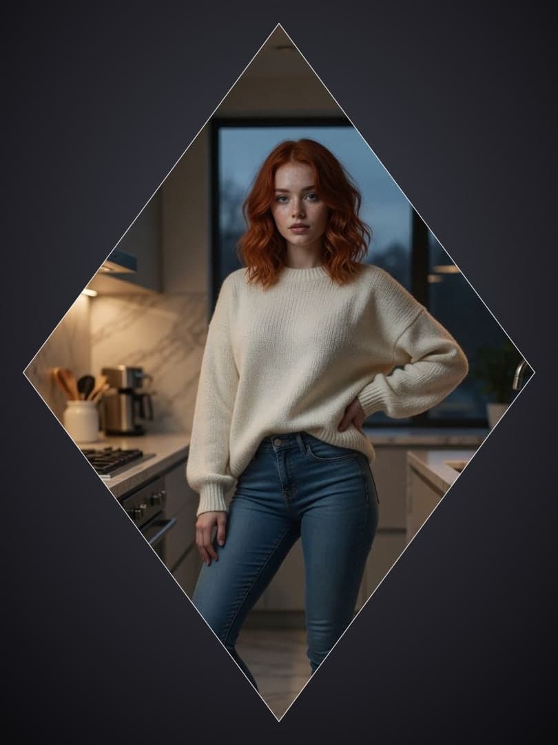 Redhead in cream sweater kitchen pose