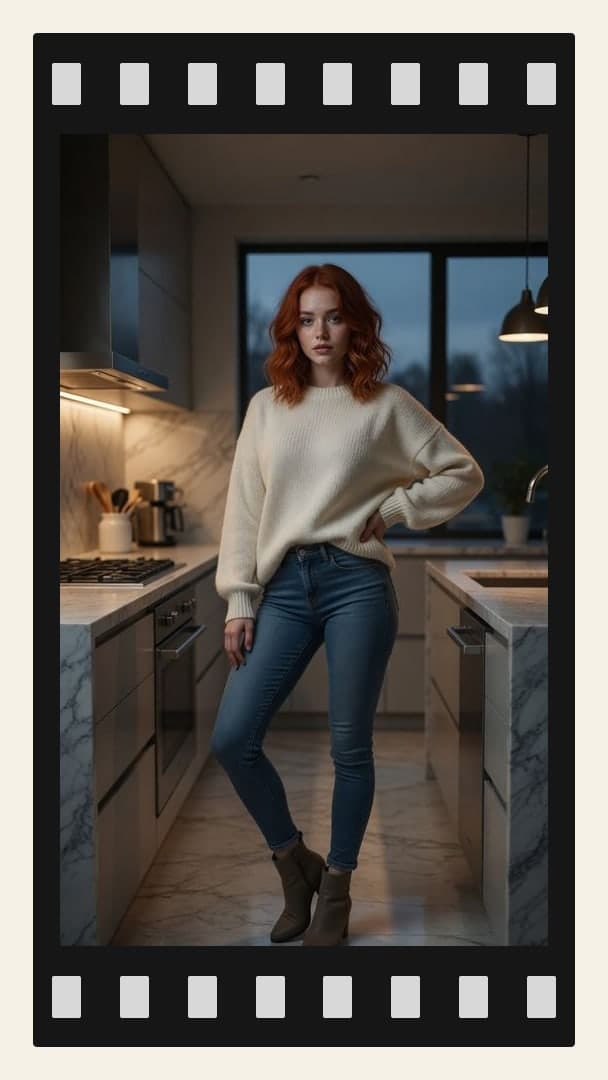 Slim redhead in tight jeans kitchen