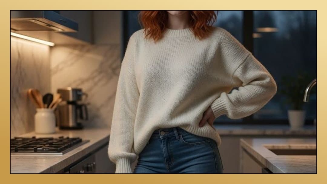 Redhead in kitchen cream sweater