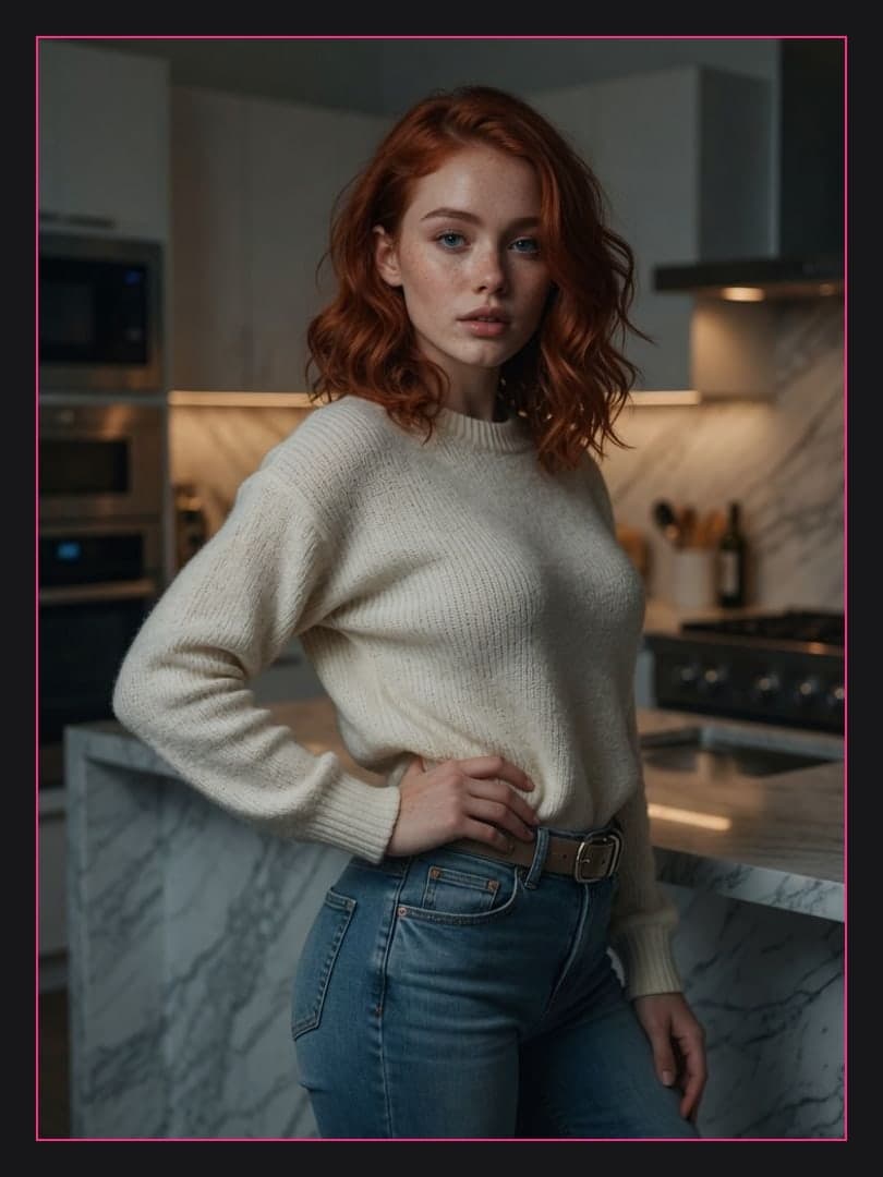 College redhead kitchen full body