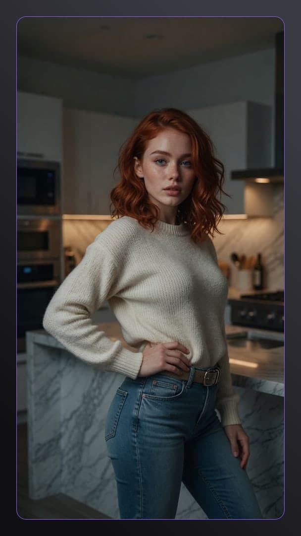 Redhead wavy hair kitchen portrait