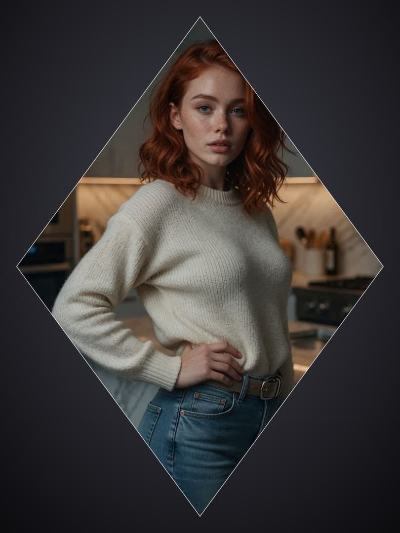 Redhead wavy hair kitchen portrait