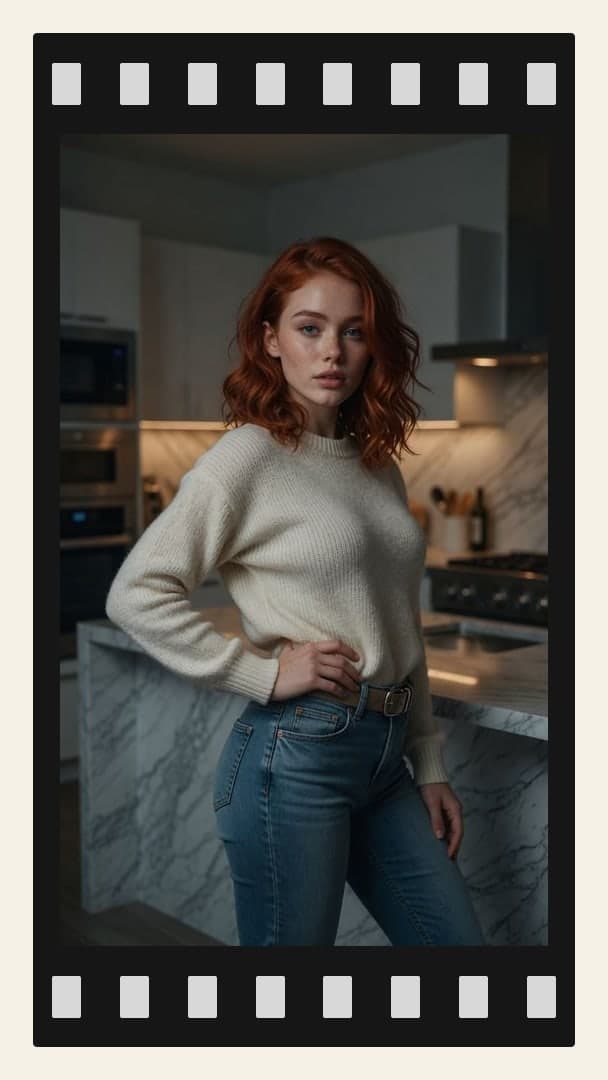 College redhead kitchen sweater pose