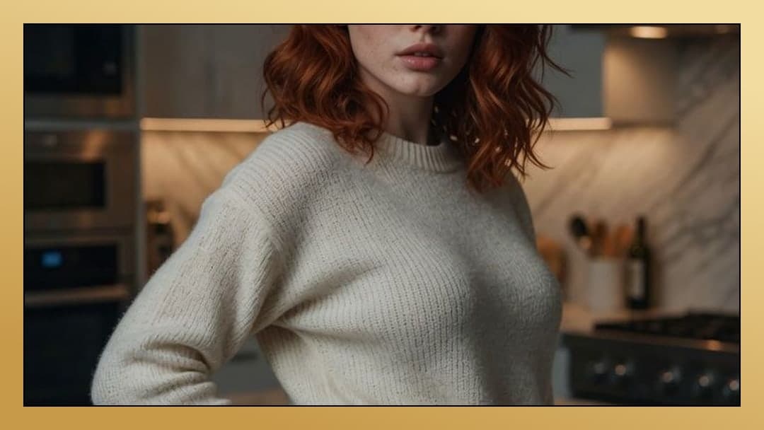 Redhead in kitchen sweater