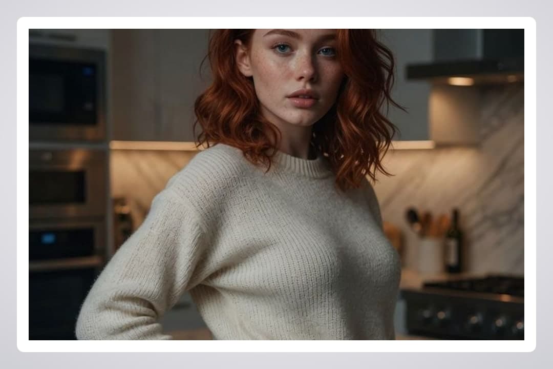 Young adult redhead in kitchen sweater